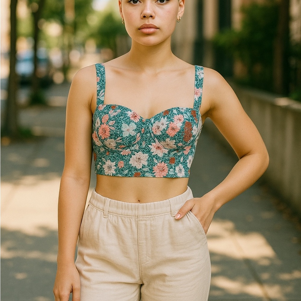 Time and Tru Teal Floral bikini top